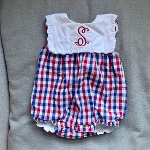Cecil & Lou ‘S’ Monogram Plaid Bubble Romper 9M